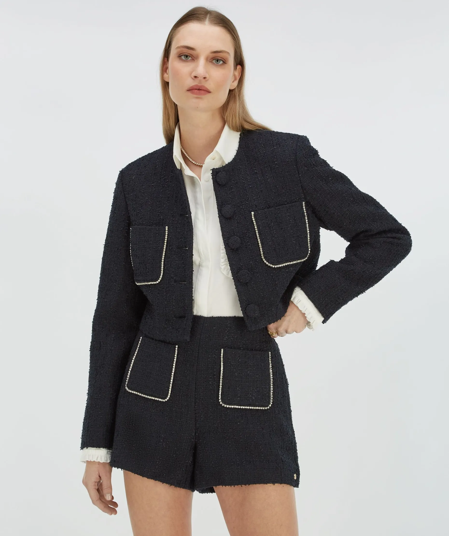 DAANTJE cropped bouclé blazer met sierstenen - dark navy