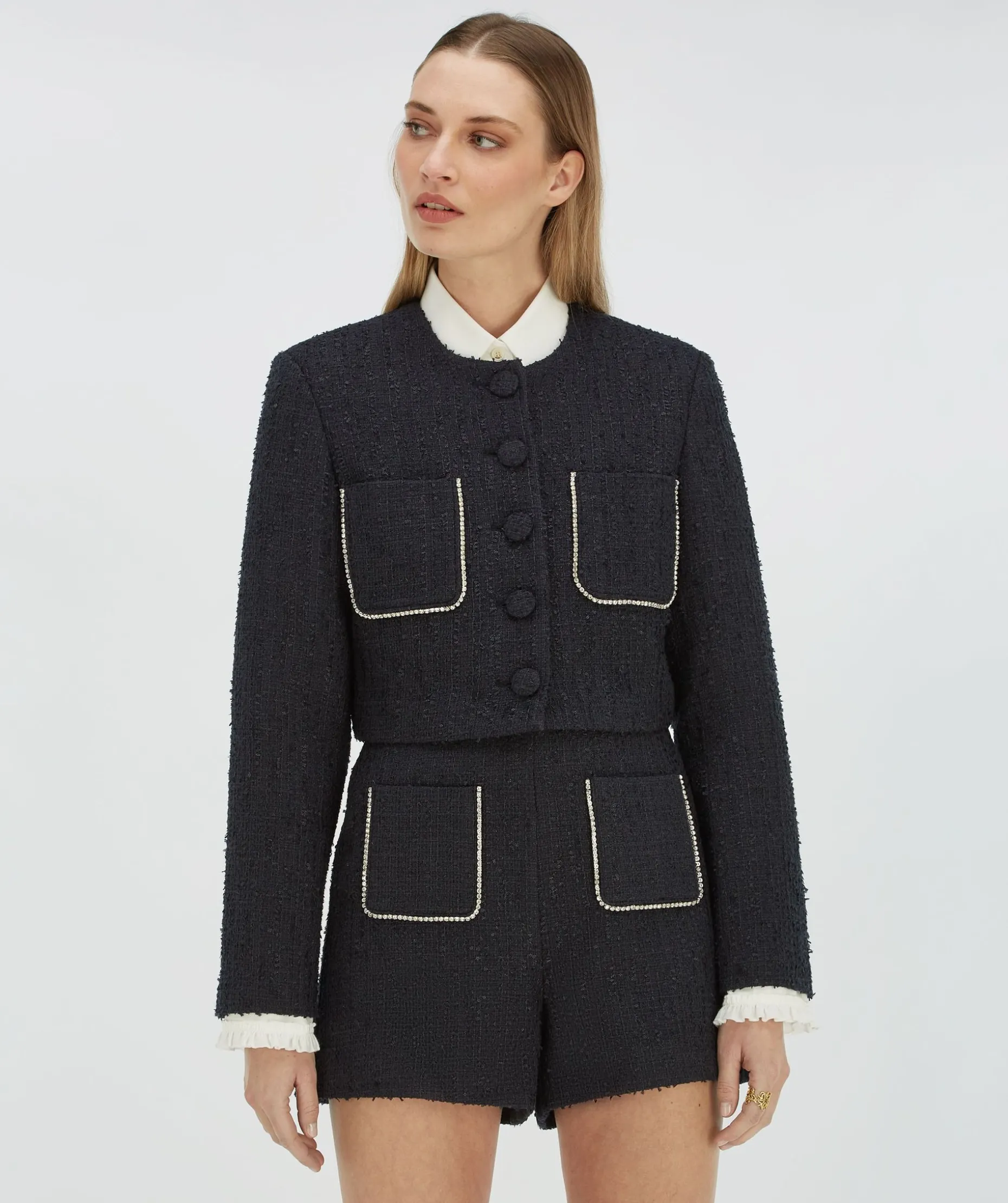 DAANTJE cropped bouclé blazer met sierstenen - dark navy
