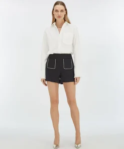 ELVIRA high waisted bouclé shorts met sierstenen - dark navy