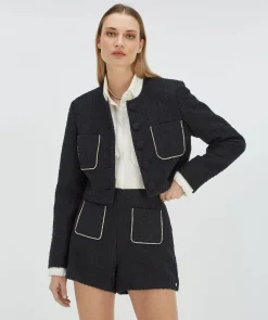 ELVIRA high waisted bouclé shorts met sierstenen - dark navy