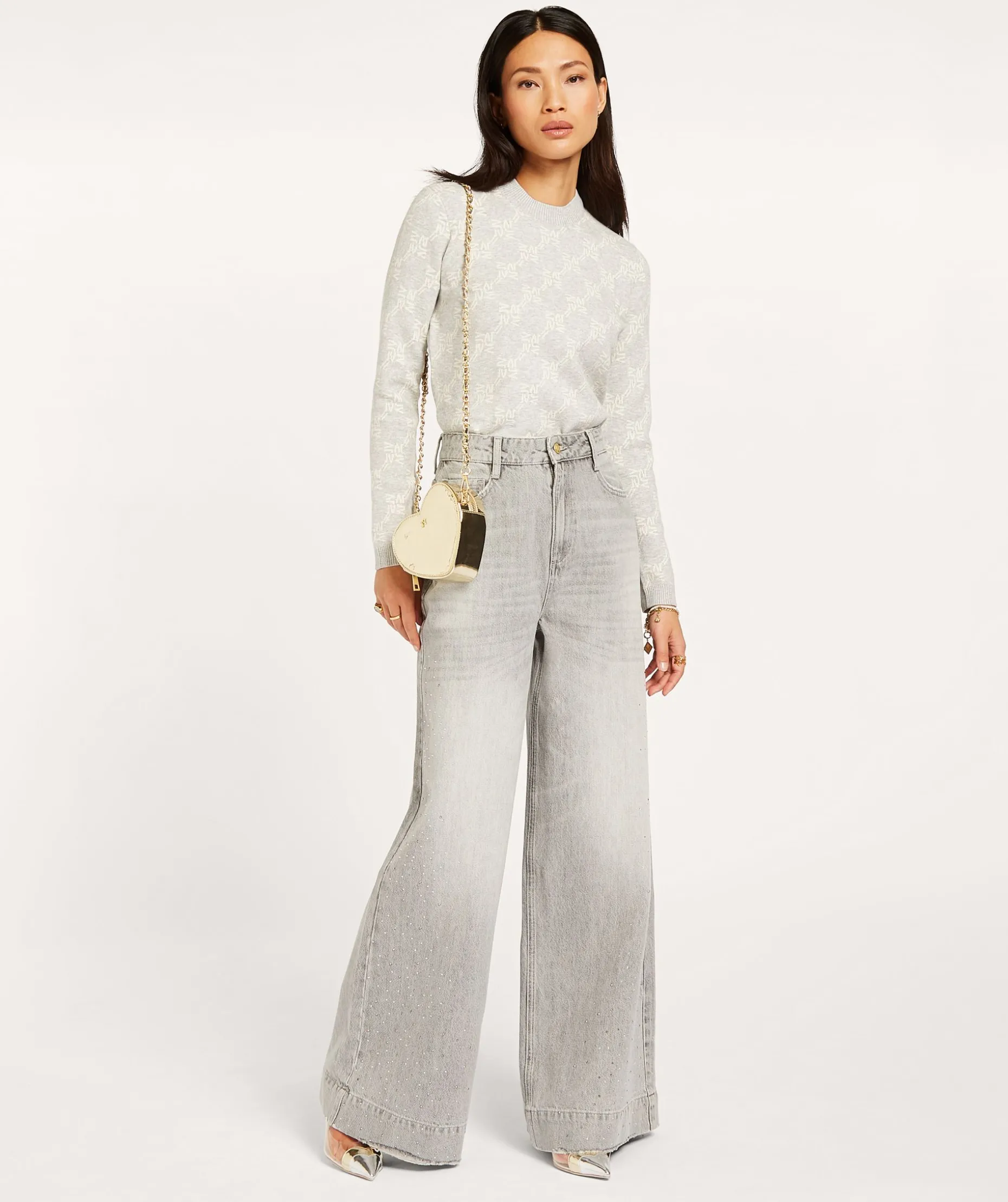 FAE slim fit trui met logoprint - grey melange
