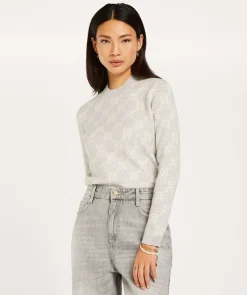 FAE slim fit trui met logoprint - grey melange