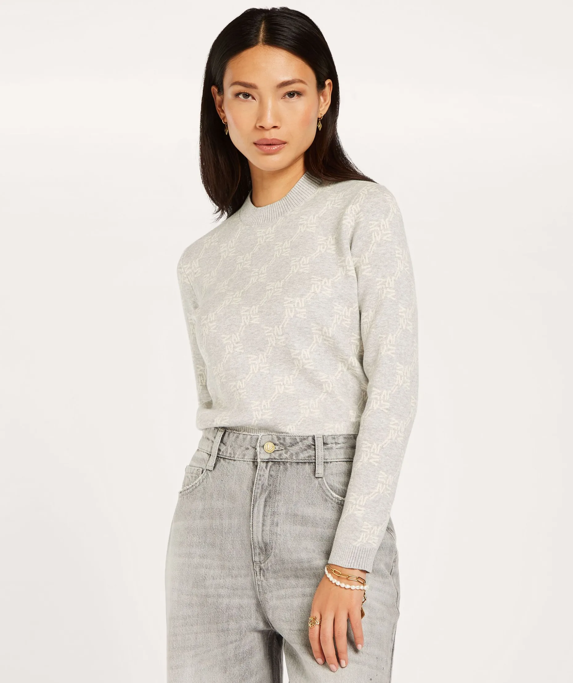 FAE slim fit trui met logoprint - grey melange
