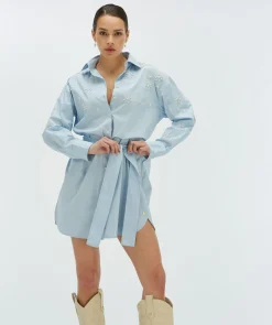 LINE oversized jurk met sierstenen - sky blue