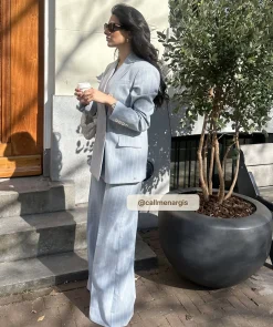 NINA high rise wide leg pantalon met krijtstreep - sky blue