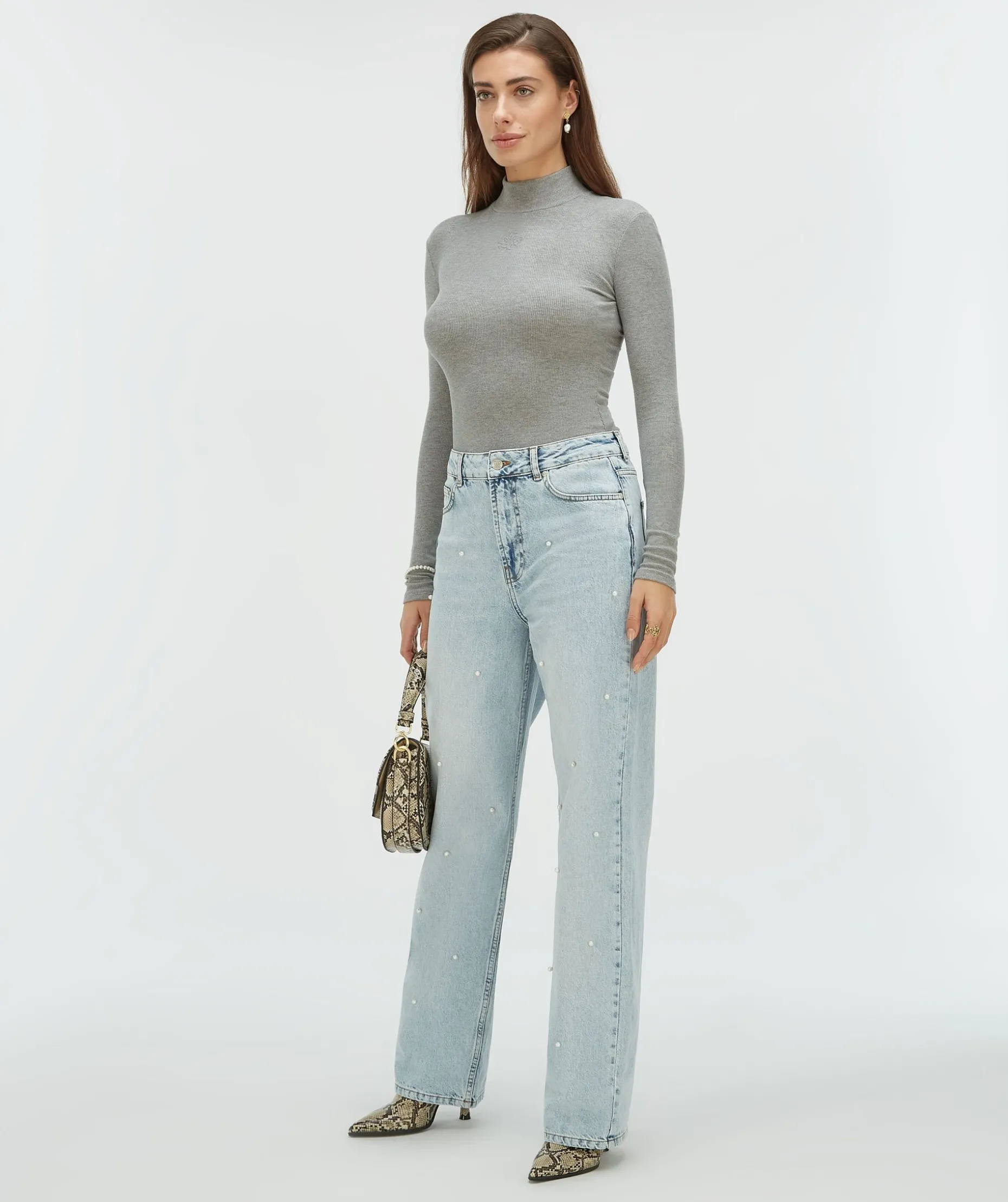 PHEBE straight fit jeans met parels - blue denim