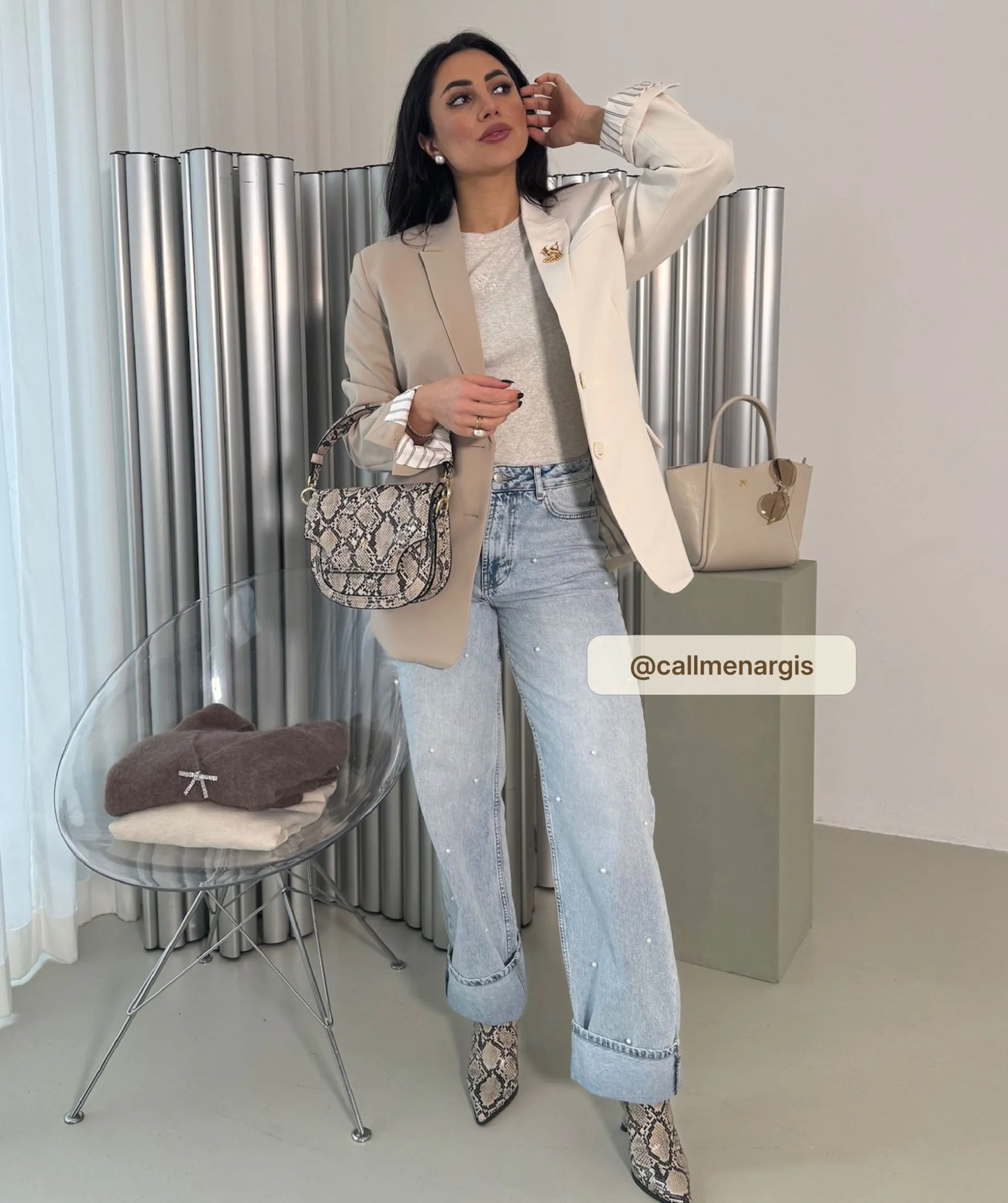 PHEBE straight fit jeans met parels - blue denim