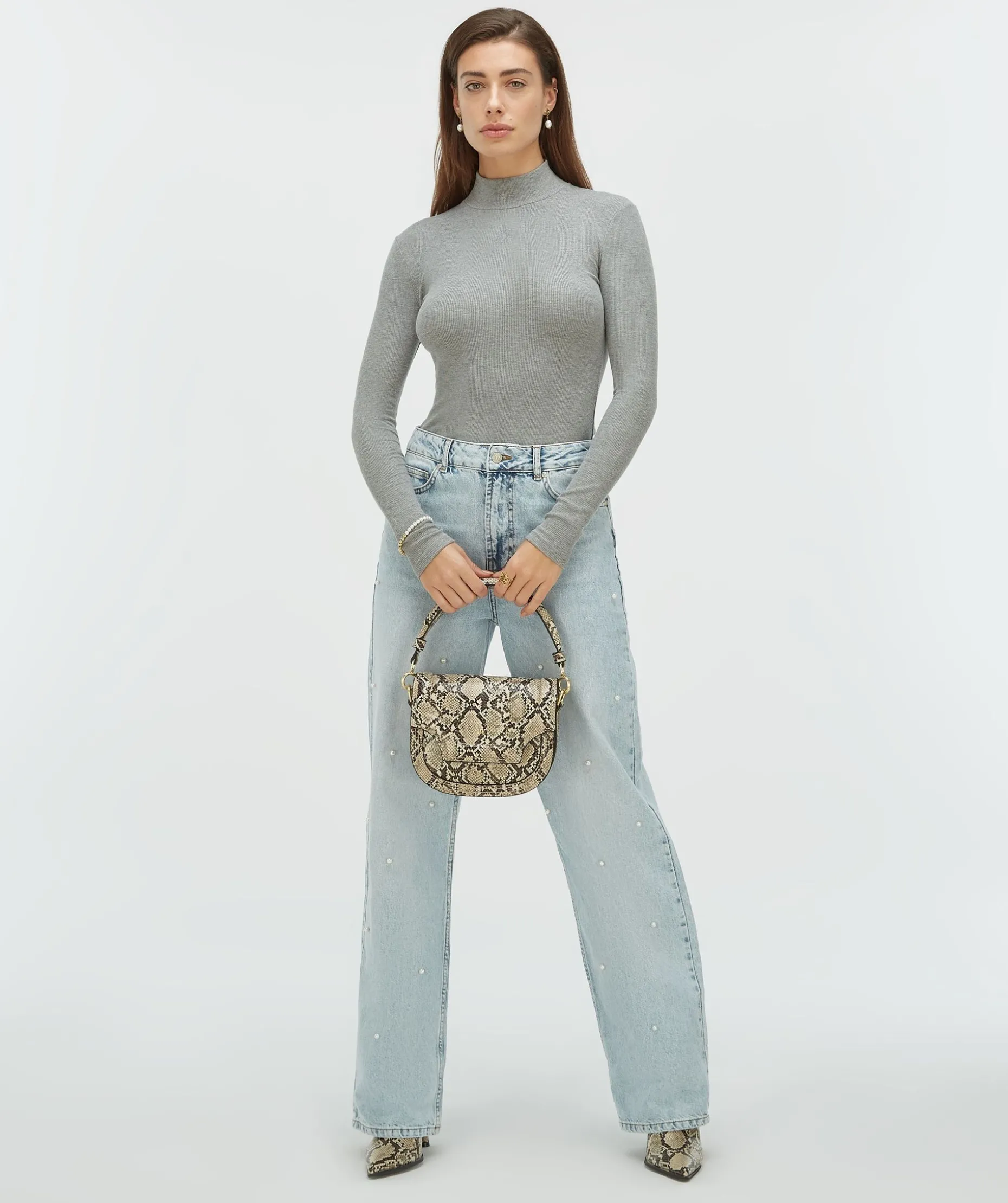 PHEBE straight fit jeans met parels - blue denim