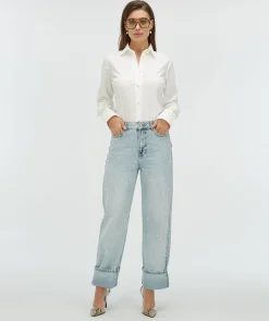PHEBE straight fit jeans met parels - blue denim