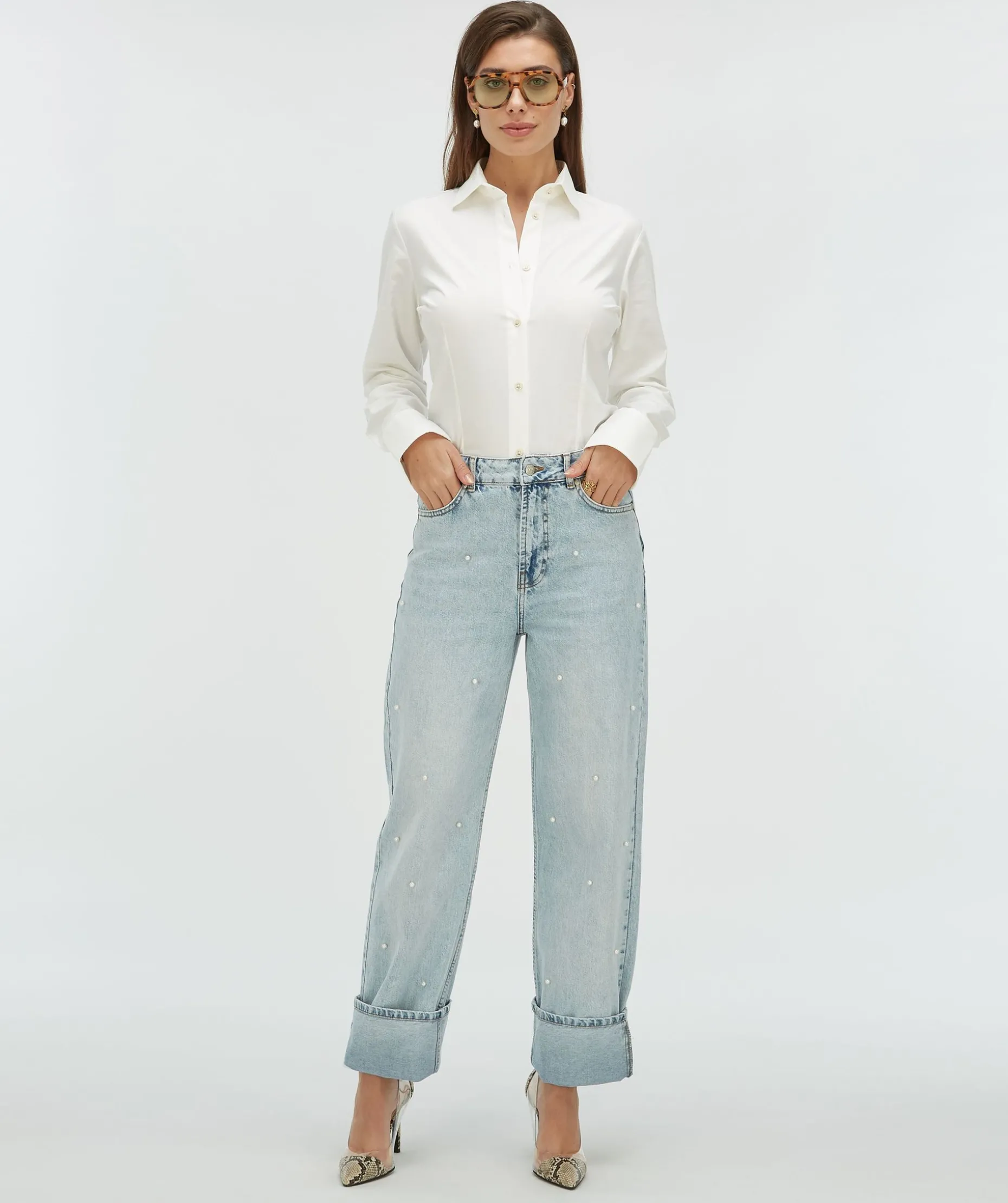 PHEBE straight fit jeans met parels - blue denim