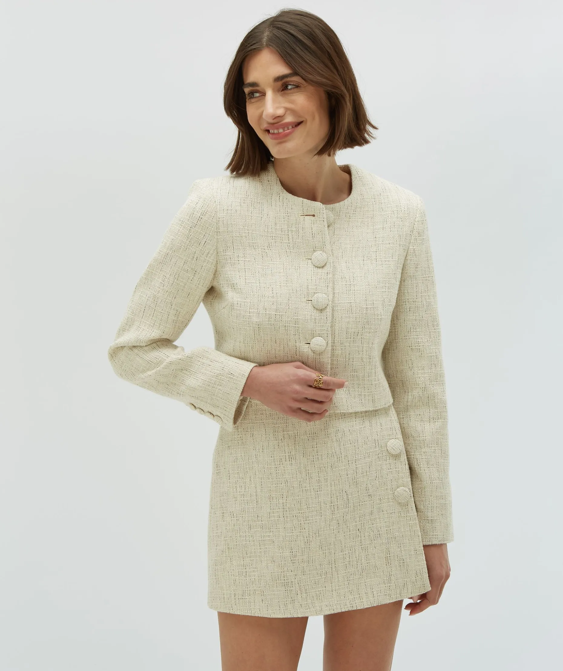 REMI cropped bouclé blazer met lurex - light ecru